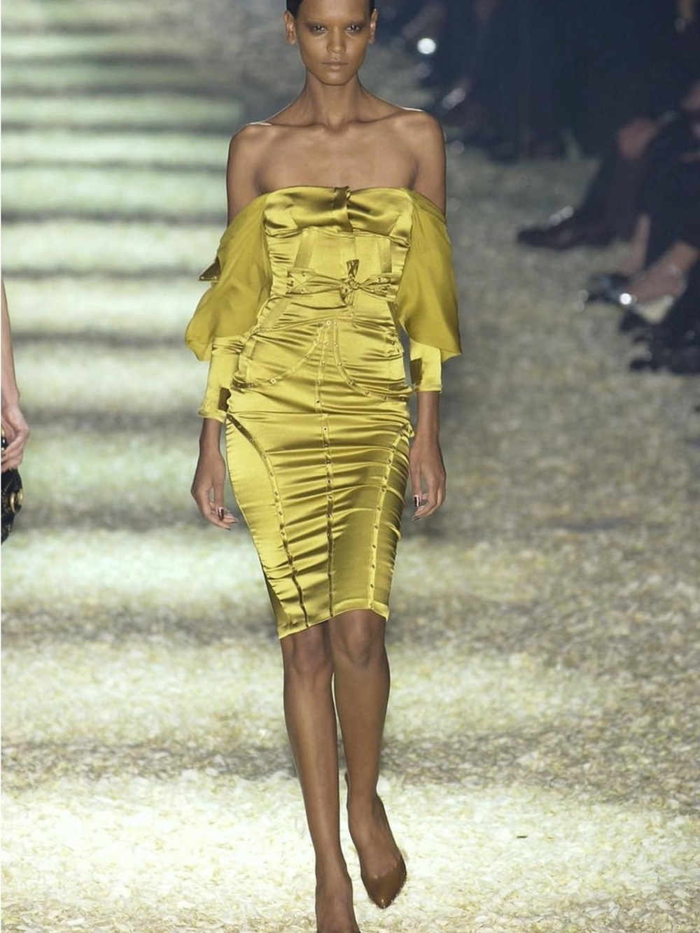 Gucci Tom Ford 2003 RUNWAY Grommet Satin Silk Skirt in Chartreuse Yellow